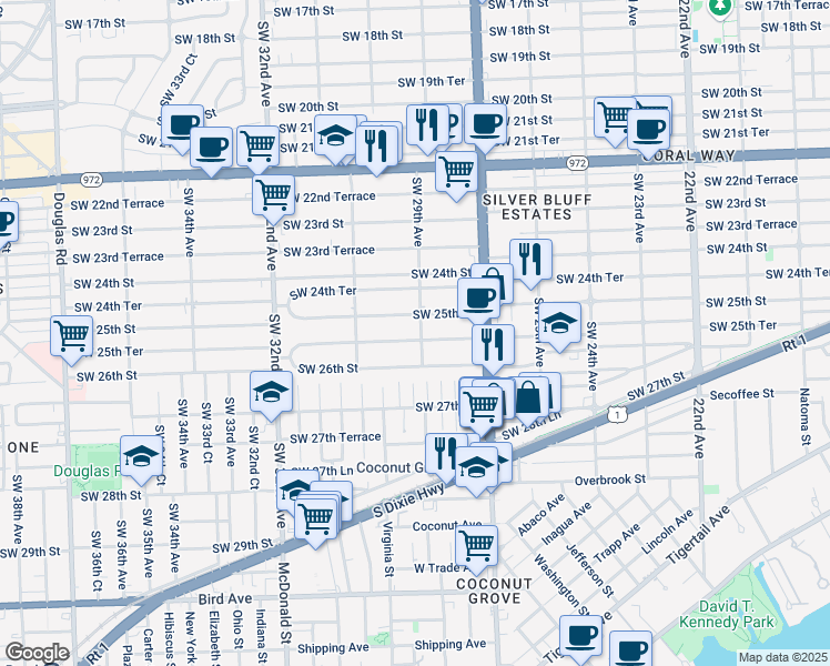 map of restaurants, bars, coffee shops, grocery stores, and more near 2923 Southwest 25th Terrace in Miami