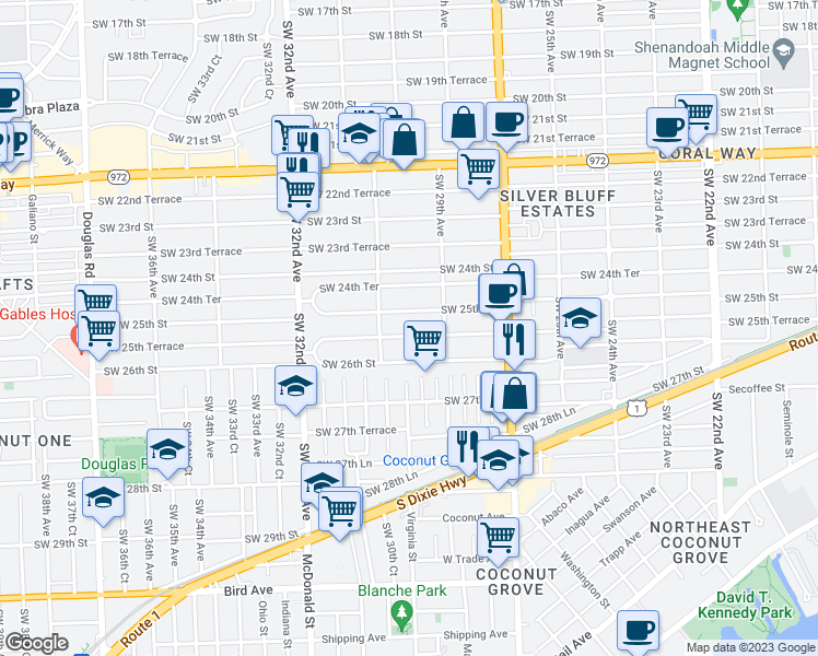 map of restaurants, bars, coffee shops, grocery stores, and more near 3031 Southwest 25th Terrace in Miami