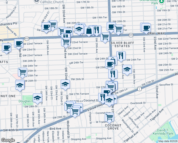 map of restaurants, bars, coffee shops, grocery stores, and more near 3031 Southwest 25th Terrace in Miami