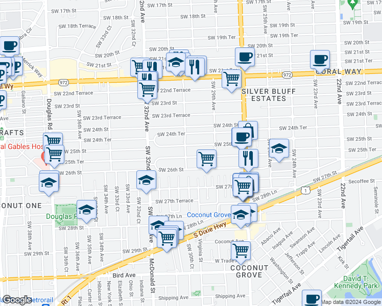 map of restaurants, bars, coffee shops, grocery stores, and more near 3031 Southwest 25th Terrace in Miami