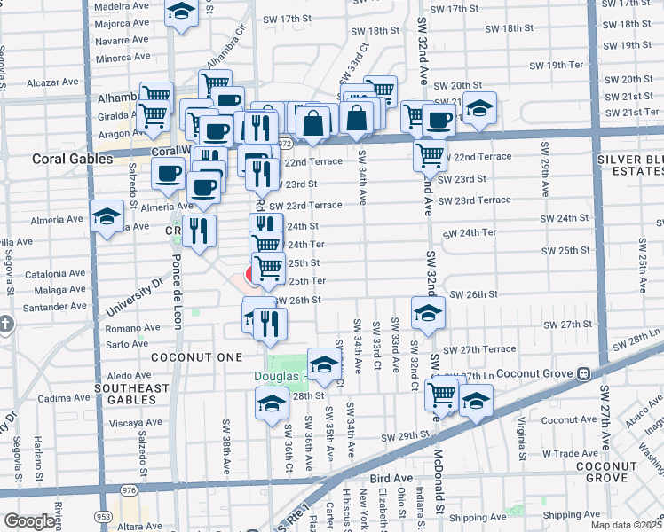 map of restaurants, bars, coffee shops, grocery stores, and more near 3562 Southwest 25th Street in Miami
