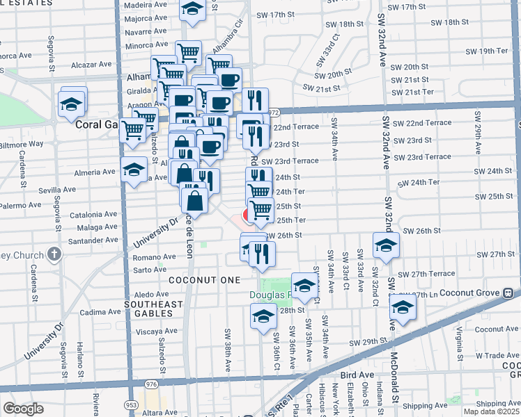 map of restaurants, bars, coffee shops, grocery stores, and more near 3100 Southwest 37th Avenue in Miami