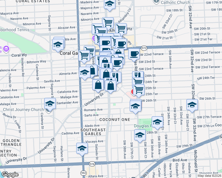 map of restaurants, bars, coffee shops, grocery stores, and more near 119 Malaga Avenue in Coral Gables