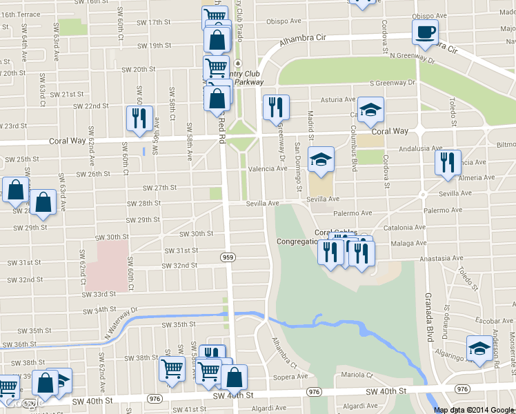map of restaurants, bars, coffee shops, grocery stores, and more near 1498 Sevilla Avenue in Coral Gables