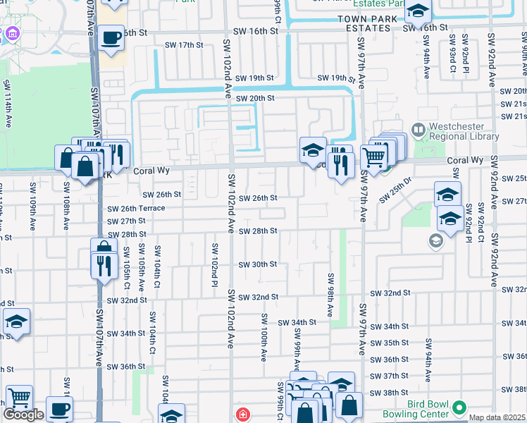 map of restaurants, bars, coffee shops, grocery stores, and more near 10050 Southwest 26th Terrace in Miami