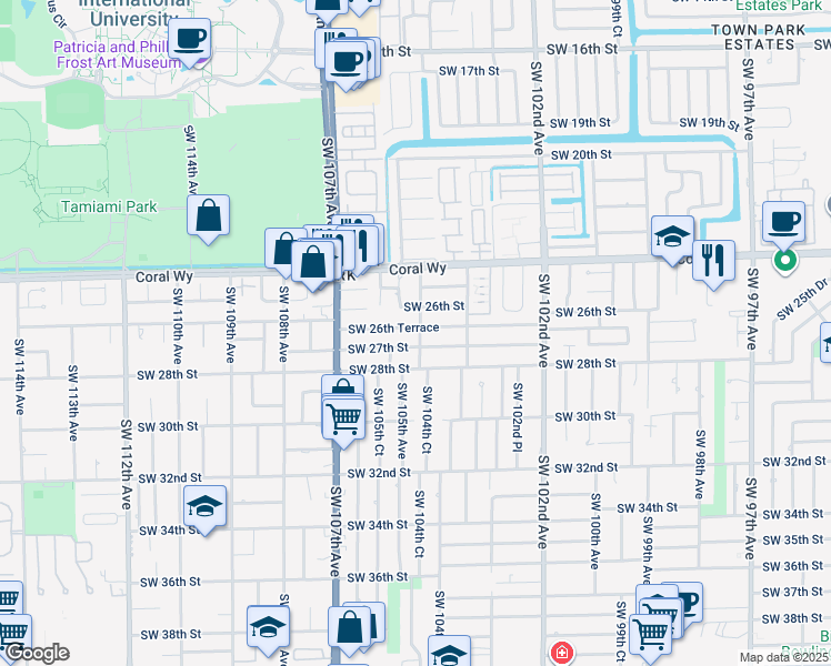 map of restaurants, bars, coffee shops, grocery stores, and more near 10420 Southwest 26th Terrace in Miami