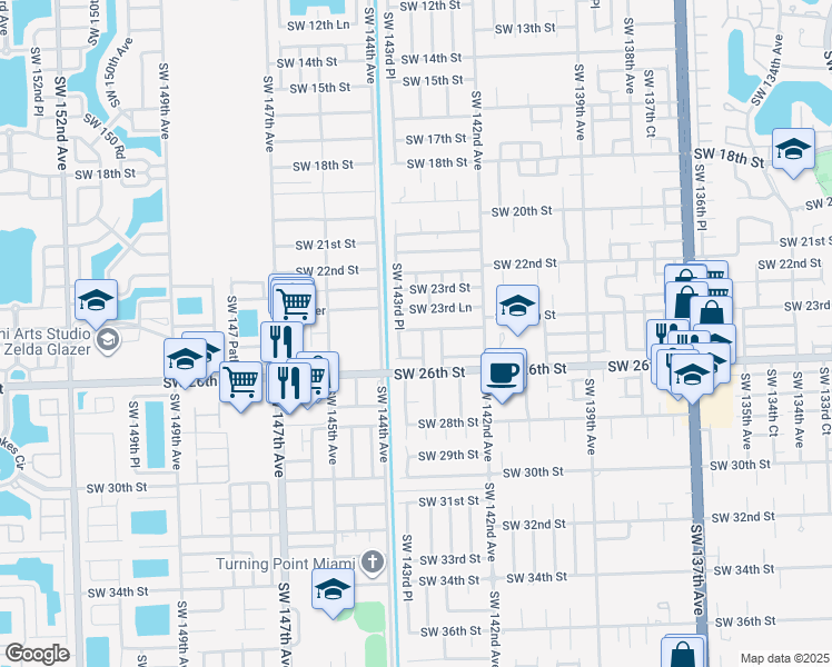 map of restaurants, bars, coffee shops, grocery stores, and more near 2410 Southwest 143rd Court in Miami