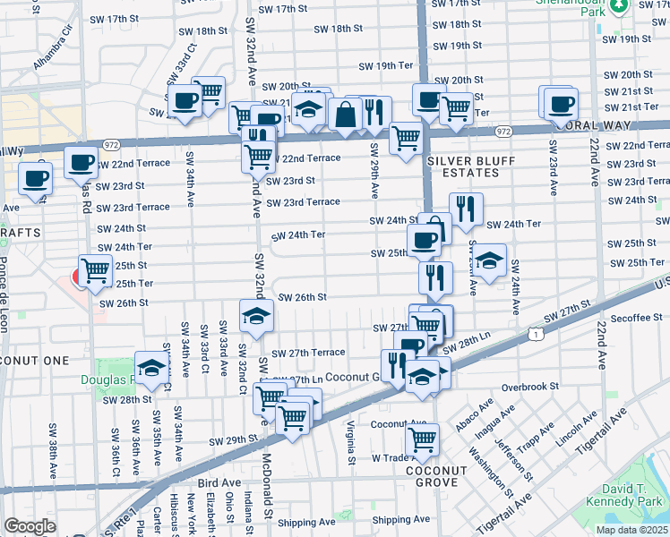 map of restaurants, bars, coffee shops, grocery stores, and more near 3031 Southwest 25th Terrace in Miami