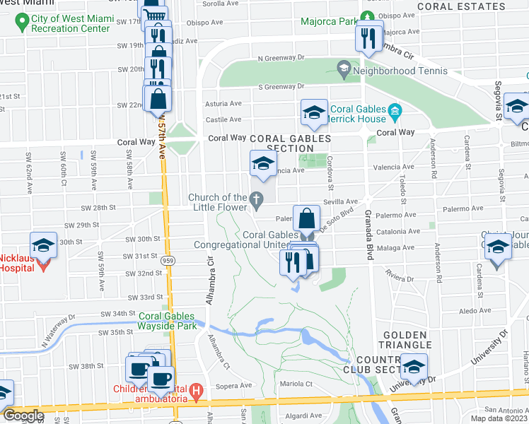 map of restaurants, bars, coffee shops, grocery stores, and more near 2711 Indian Mound Trail in Coral Gables