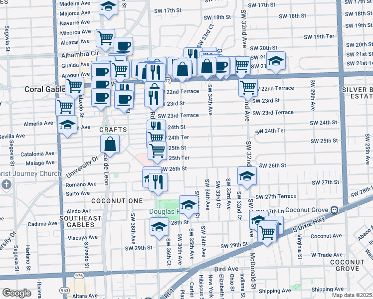 map of restaurants, bars, coffee shops, grocery stores, and more near 3562 Southwest 25th Street in Miami