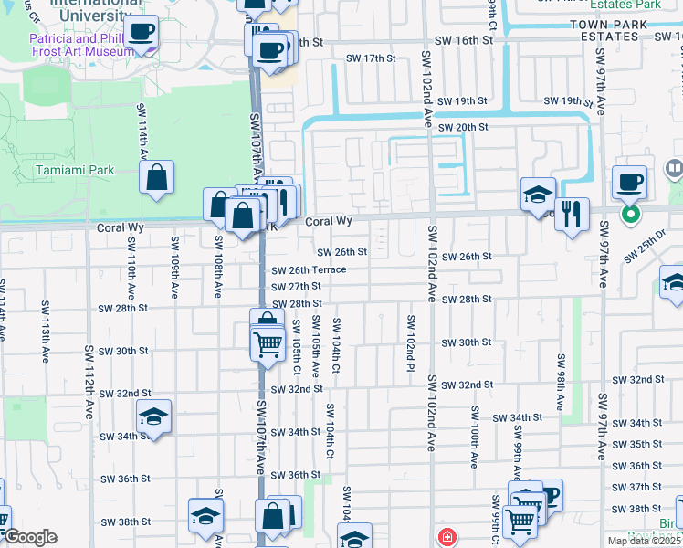 map of restaurants, bars, coffee shops, grocery stores, and more near 10420 Southwest 26th Terrace in Miami