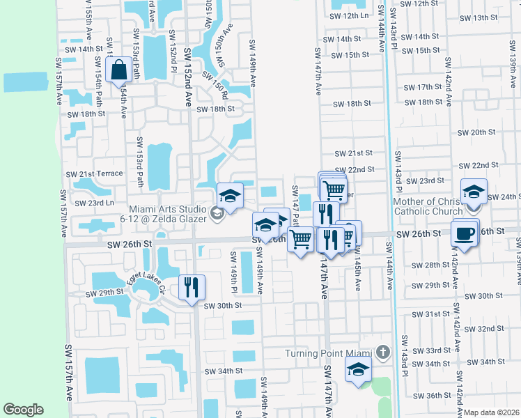 map of restaurants, bars, coffee shops, grocery stores, and more near 14884 Southwest 24th Street in Miami