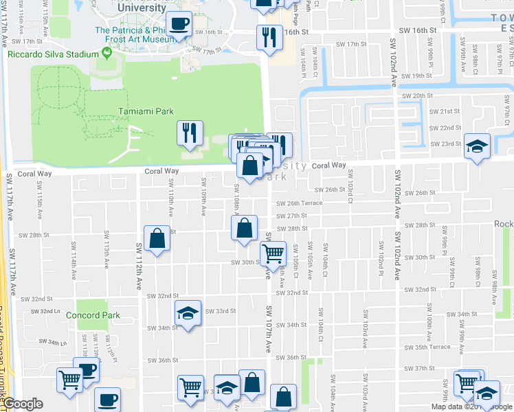map of restaurants, bars, coffee shops, grocery stores, and more near 2621 Southwest 107th Court in Miami