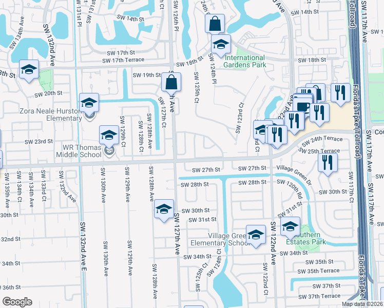 map of restaurants, bars, coffee shops, grocery stores, and more near 2524 Southwest 125th Court in Miami