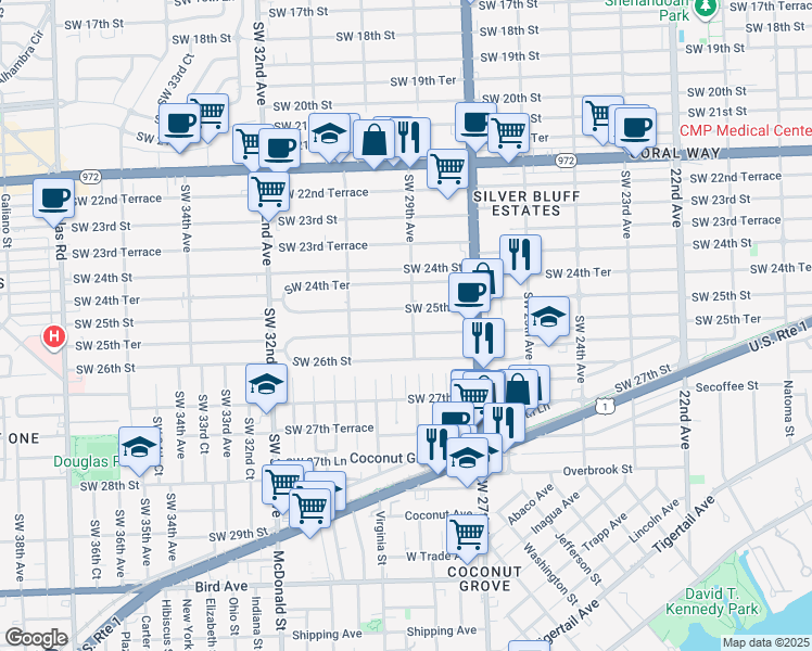 map of restaurants, bars, coffee shops, grocery stores, and more near 2923 Southwest 25th Terrace in Miami