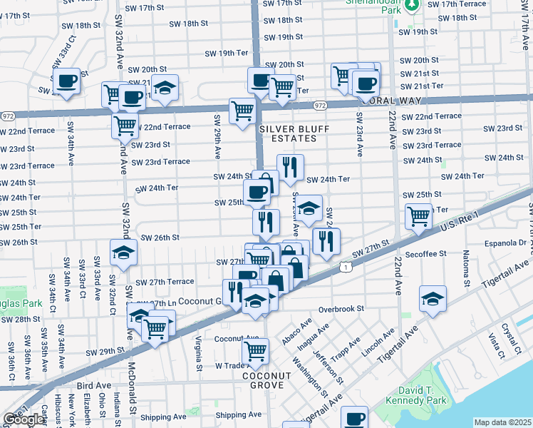 map of restaurants, bars, coffee shops, grocery stores, and more near 2687 Southwest 25th Terrace in Miami