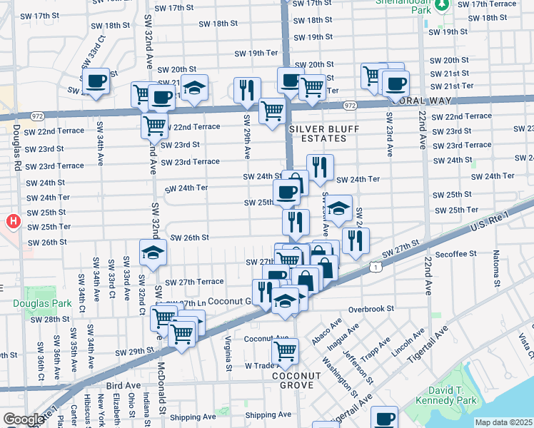map of restaurants, bars, coffee shops, grocery stores, and more near 2801 Southwest 25th Terrace in Miami