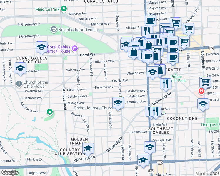 map of restaurants, bars, coffee shops, grocery stores, and more near 648 Palermo Avenue in Coral Gables