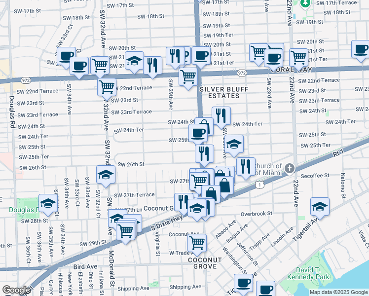 map of restaurants, bars, coffee shops, grocery stores, and more near 2801 Southwest 25th Terrace in Miami