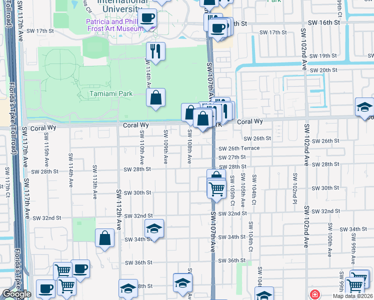 map of restaurants, bars, coffee shops, grocery stores, and more near 2610 Southwest 108th Avenue in Miami