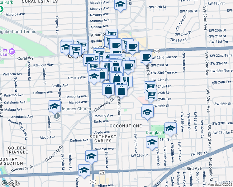 map of restaurants, bars, coffee shops, grocery stores, and more near 216 Catalonia Avenue in Coral Gables