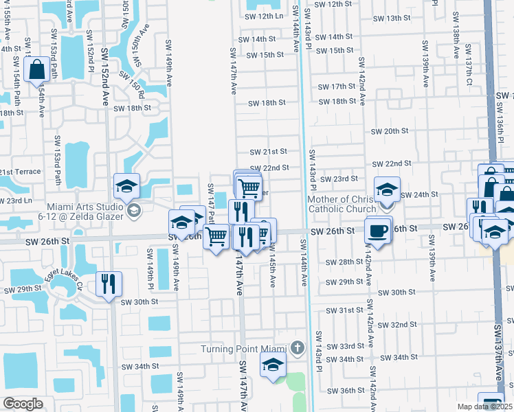 map of restaurants, bars, coffee shops, grocery stores, and more near 2419 Southwest 147th Avenue in Miami