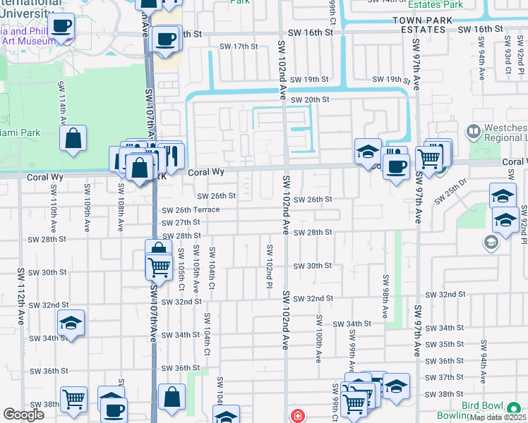 map of restaurants, bars, coffee shops, grocery stores, and more near 10254 Southwest 26th Terrace in Miami