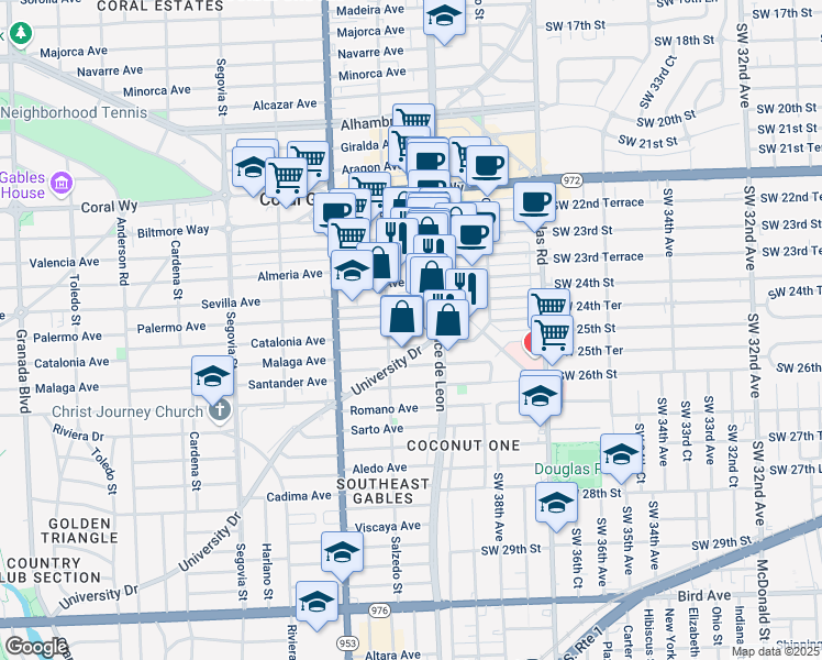 map of restaurants, bars, coffee shops, grocery stores, and more near 216 Catalonia Avenue in Coral Gables