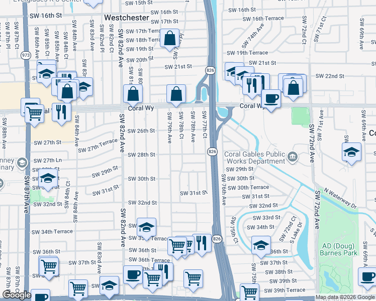 map of restaurants, bars, coffee shops, grocery stores, and more near 7825 Southwest 28th Street in Miami