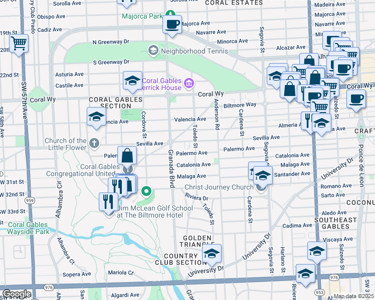 map of restaurants, bars, coffee shops, grocery stores, and more near 935 Palermo Avenue in Coral Gables
