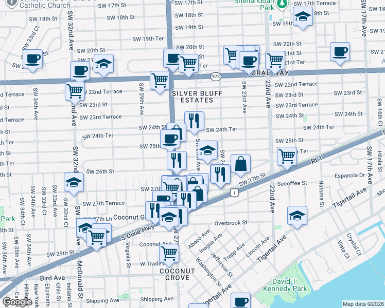 map of restaurants, bars, coffee shops, grocery stores, and more near 2521 Southwest 25th Terrace in Miami