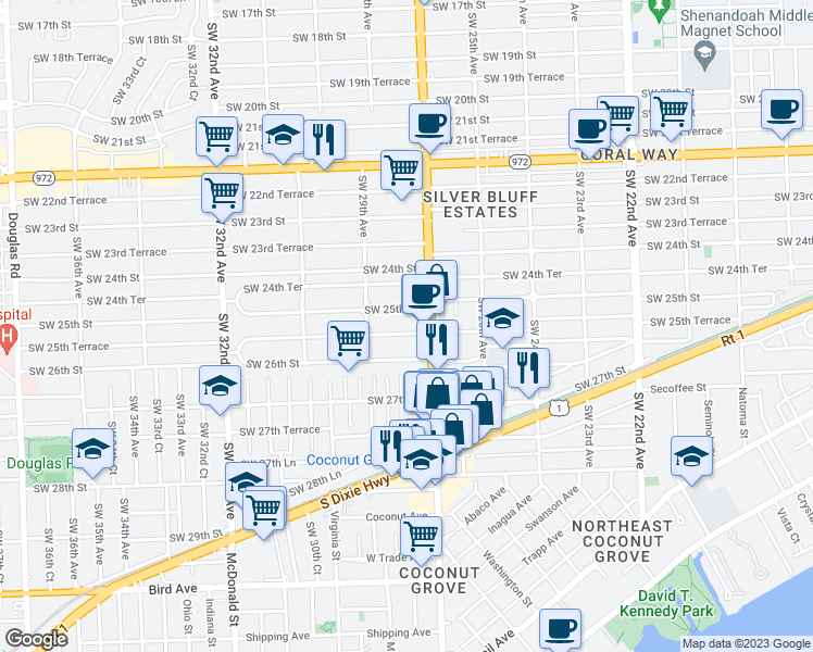 map of restaurants, bars, coffee shops, grocery stores, and more near 2801 Southwest 25th Terrace in Miami