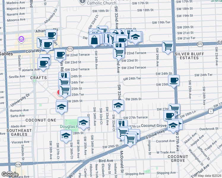 map of restaurants, bars, coffee shops, grocery stores, and more near 3240 Southwest 25th Street in Miami