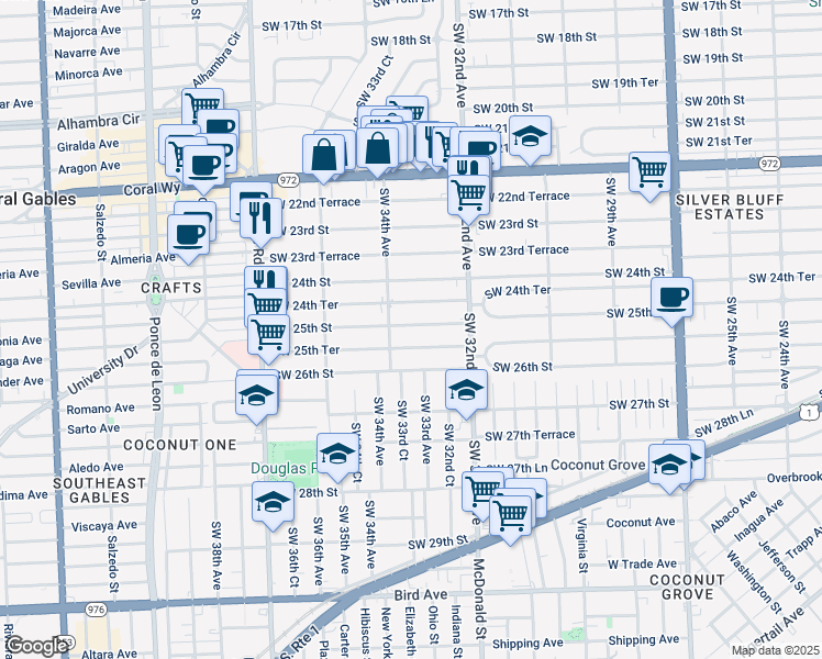 map of restaurants, bars, coffee shops, grocery stores, and more near 3334 Southwest 25th Street in Miami
