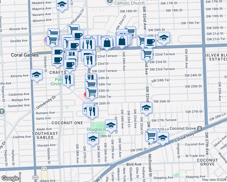 map of restaurants, bars, coffee shops, grocery stores, and more near 3562 Southwest 25th Street in Miami
