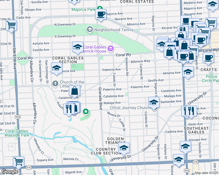 map of restaurants, bars, coffee shops, grocery stores, and more near 935 Palermo Avenue in Coral Gables