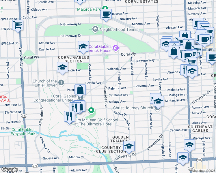 map of restaurants, bars, coffee shops, grocery stores, and more near 935 Palermo Avenue in Coral Gables