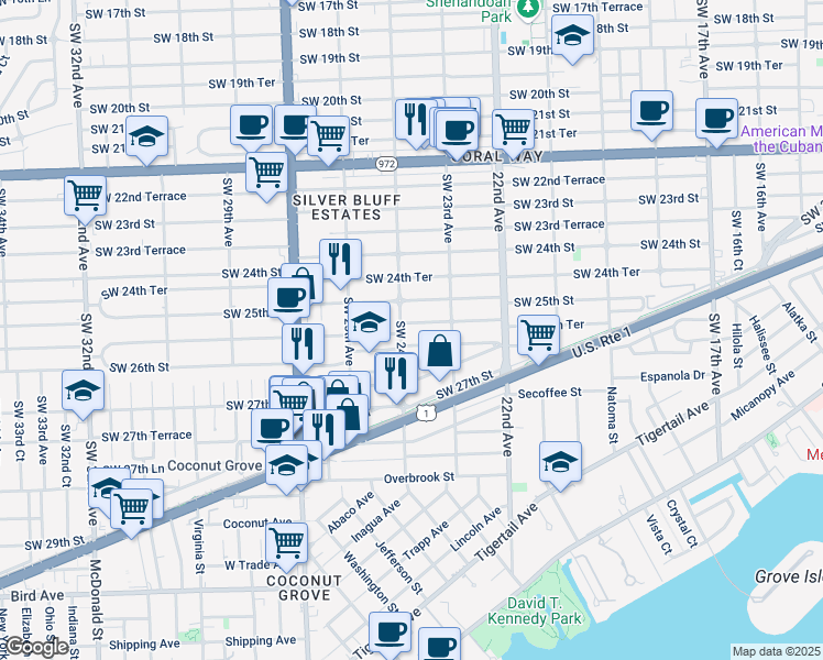 map of restaurants, bars, coffee shops, grocery stores, and more near 2394 Southwest 25th Terrace in Miami