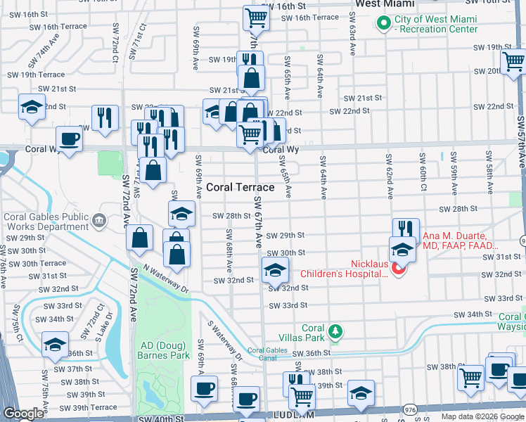 map of restaurants, bars, coffee shops, grocery stores, and more near 6547 Southwest 28th Street in Miami