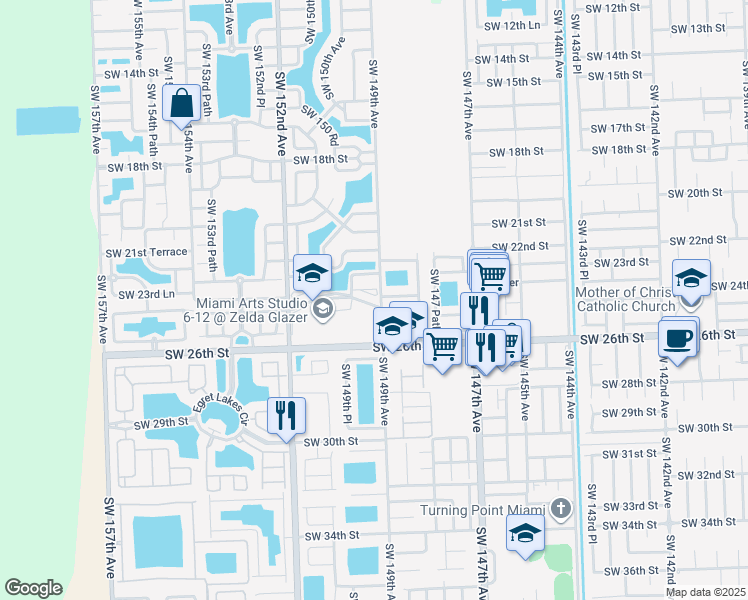 map of restaurants, bars, coffee shops, grocery stores, and more near 14914 Southwest 23 Way in Miami