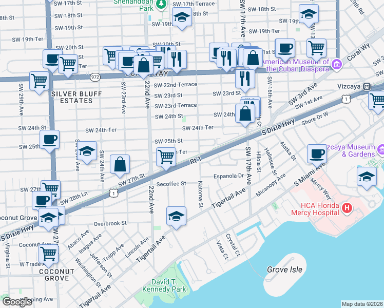 map of restaurants, bars, coffee shops, grocery stores, and more near 455 M-Path in Miami