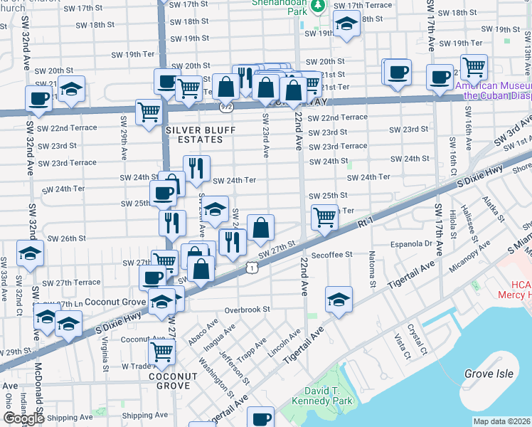 map of restaurants, bars, coffee shops, grocery stores, and more near 2300 Southwest 25th Terrace in Miami