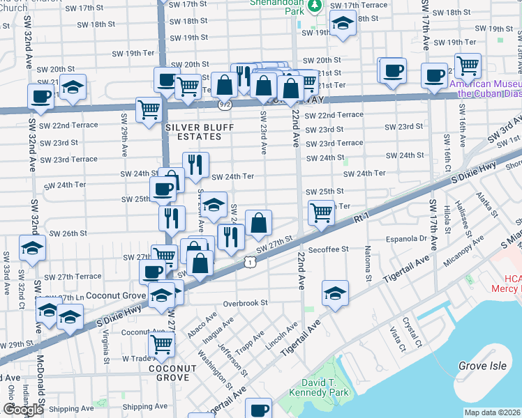 map of restaurants, bars, coffee shops, grocery stores, and more near 2300 Southwest 25th Terrace in Miami