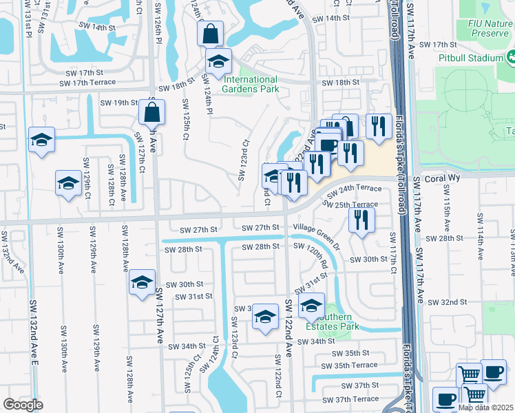 map of restaurants, bars, coffee shops, grocery stores, and more near 2554 Southwest 122nd Court in Miami