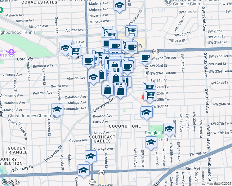 map of restaurants, bars, coffee shops, grocery stores, and more near 216 Catalonia Avenue in Coral Gables