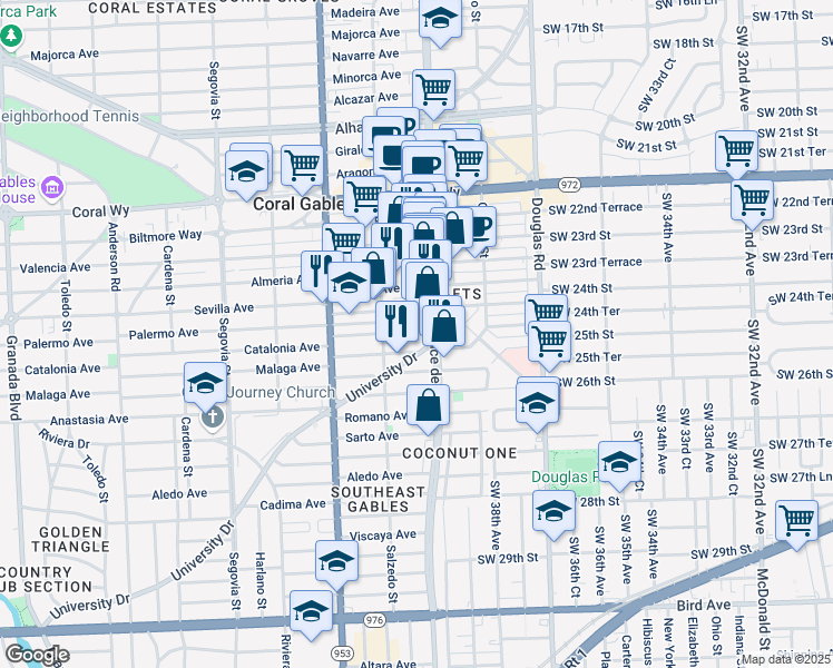 map of restaurants, bars, coffee shops, grocery stores, and more near 216 Catalonia Avenue in Coral Gables
