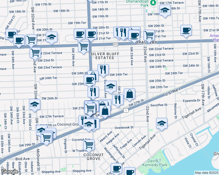 map of restaurants, bars, coffee shops, grocery stores, and more near 2455 Southwest 25th Terrace in Miami