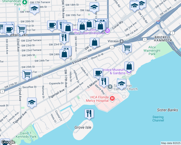 map of restaurants, bars, coffee shops, grocery stores, and more near 210 Shore Drive West in Miami