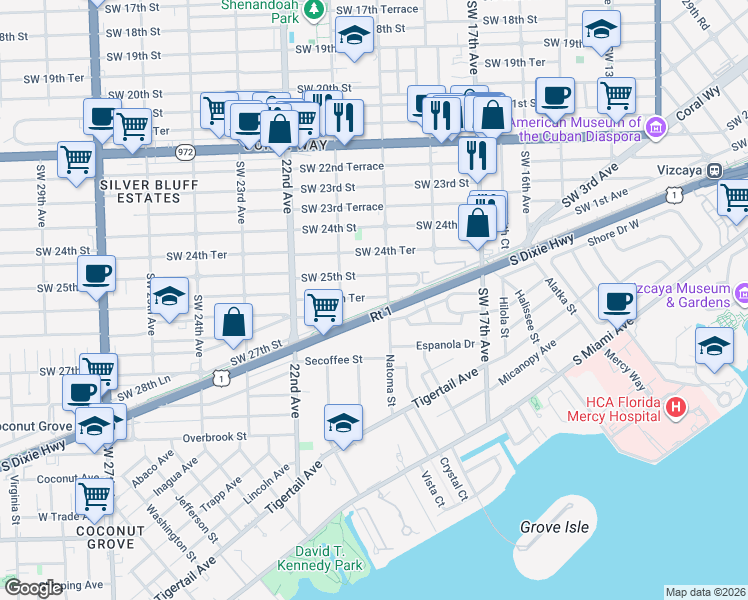 map of restaurants, bars, coffee shops, grocery stores, and more near 455 M-Path in Miami
