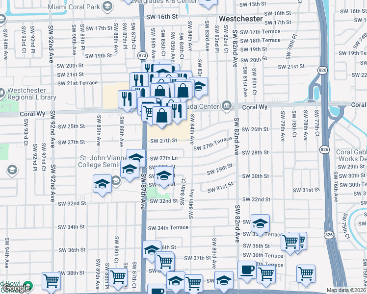 map of restaurants, bars, coffee shops, grocery stores, and more near 8430 Southwest 27th Terrace in Miami